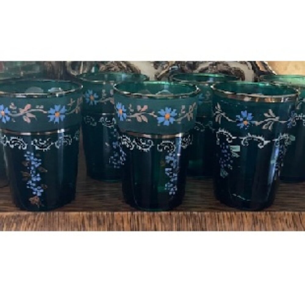 Antique green glass set of 6 tumblers with enamel and gold raised floral design
